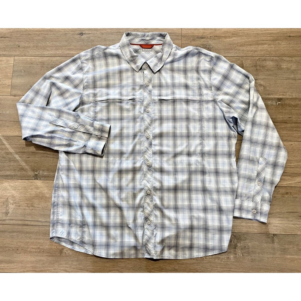 Simms Stone Cold Mens XXL Gray Plaid Fishing Button Long Sleeve Insect Shield